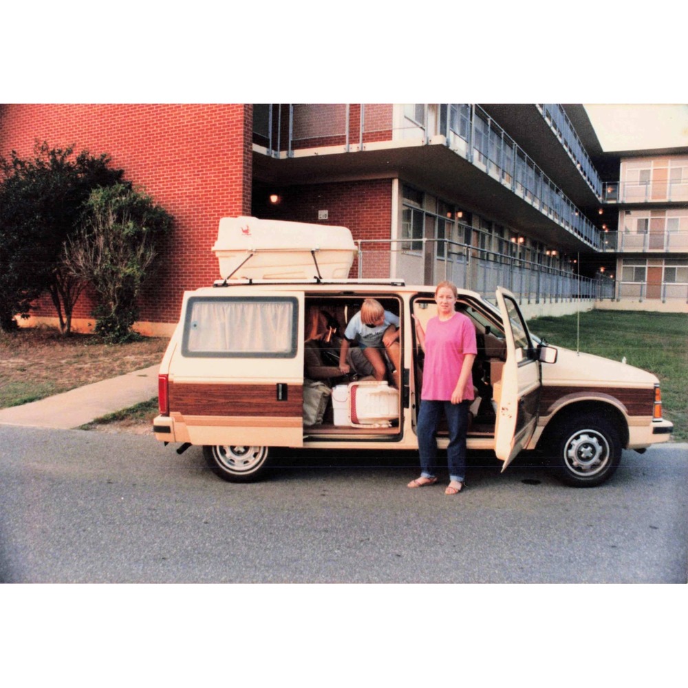 Found Photo Dodge Caravan Wood Panel Minivan Road Trip Snapshot 80s 90s - Picture 1 of 1